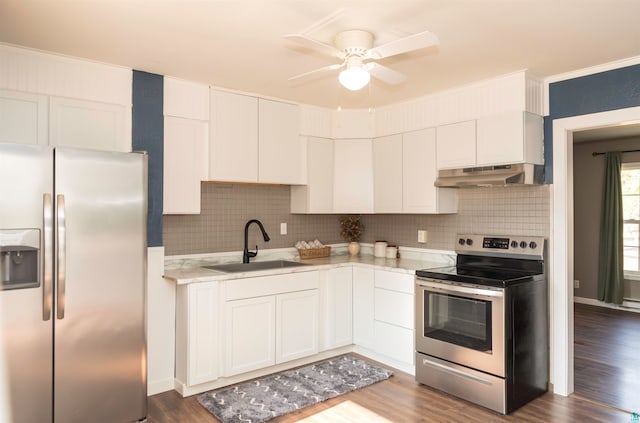 kitchen with white cabinetry, sink, stainless steel appliances, and extractor fan