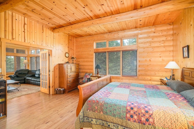 bedroom featuring beamed ceiling, wood-type flooring, wooden ceiling, and wooden walls