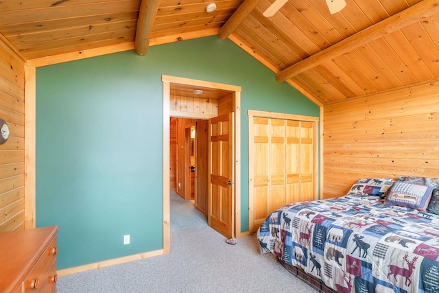 carpeted bedroom with ceiling fan, wood ceiling, wooden walls, and lofted ceiling with beams