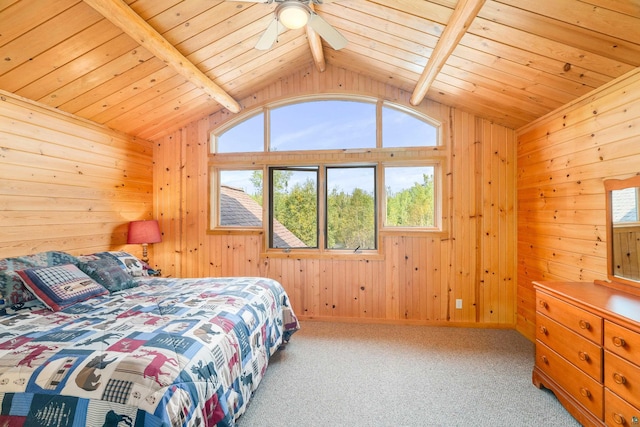 bedroom featuring light carpet, wood ceiling, ceiling fan, and vaulted ceiling with beams