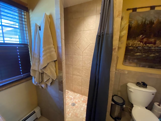 bathroom featuring tile walls, toilet, a baseboard radiator, and a shower with curtain