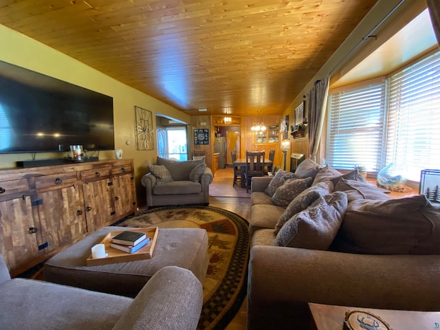 living room featuring hardwood / wood-style flooring and wooden ceiling