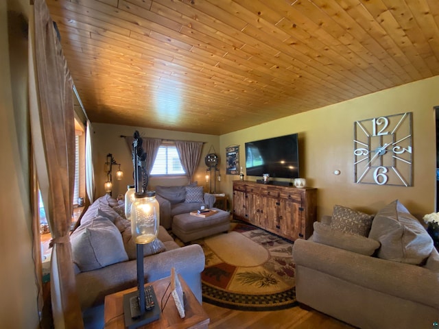 living room with wooden ceiling and hardwood / wood-style flooring