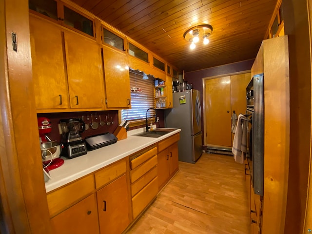 kitchen with light hardwood / wood-style floors, stainless steel fridge, sink, and wooden ceiling