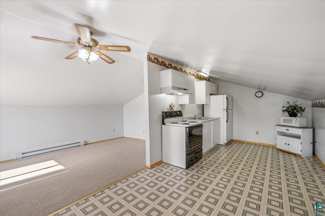 kitchen featuring a baseboard radiator, lofted ceiling, white appliances, and white cabinetry