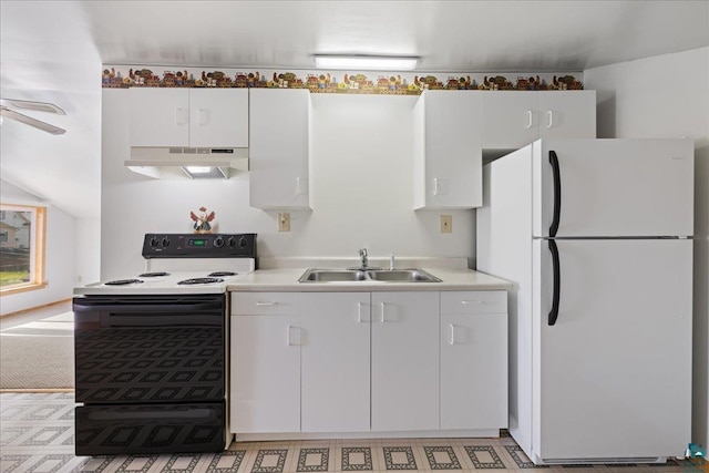 kitchen with sink, vaulted ceiling, white cabinetry, white appliances, and ceiling fan