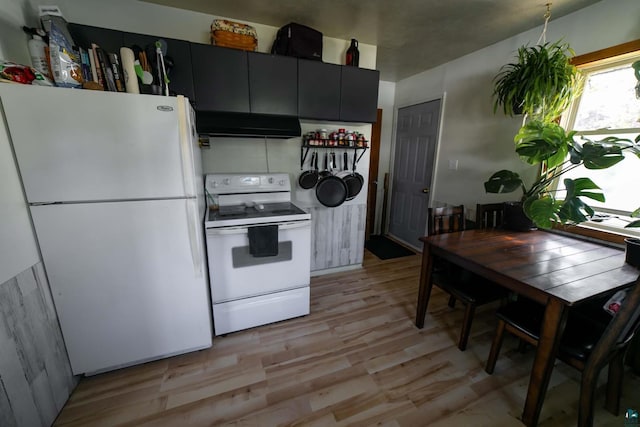 kitchen featuring white appliances and light hardwood / wood-style flooring