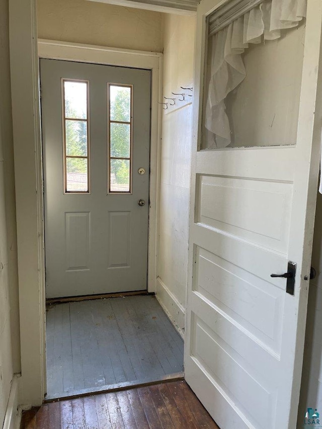 doorway with dark hardwood / wood-style flooring