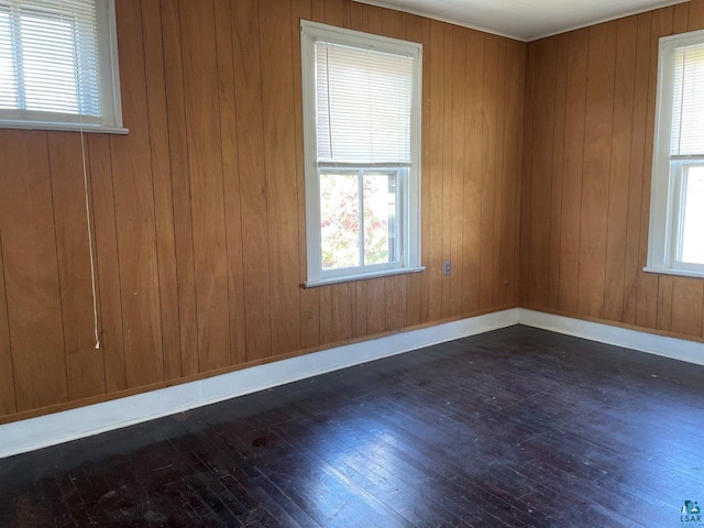 spare room with wood walls, dark hardwood / wood-style floors, and plenty of natural light