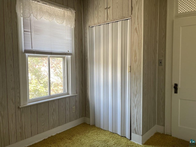 empty room featuring light carpet and wood walls