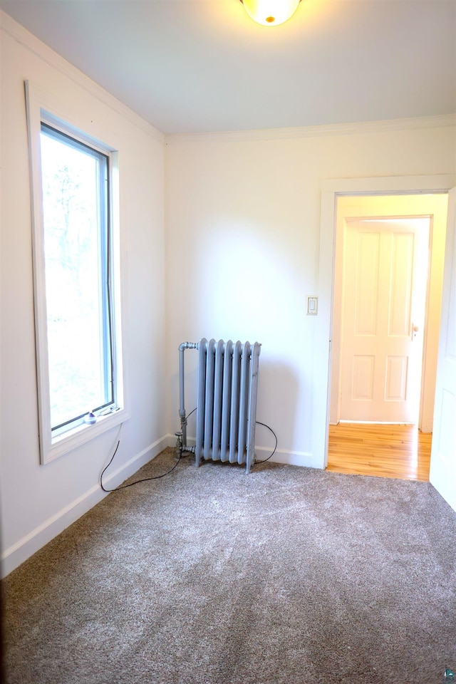 carpeted empty room featuring a wealth of natural light, ornamental molding, and radiator heating unit