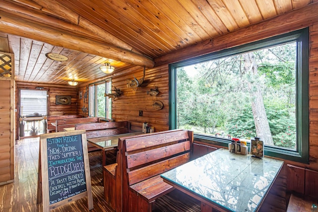 interior space with wood-type flooring, wood walls, multiple windows, and wooden ceiling