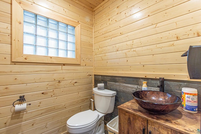 bathroom with wood walls, toilet, and vanity