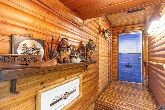 view of sauna / steam room with wooden ceiling and hardwood / wood-style flooring