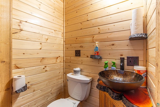 bathroom featuring vanity, wooden walls, and toilet