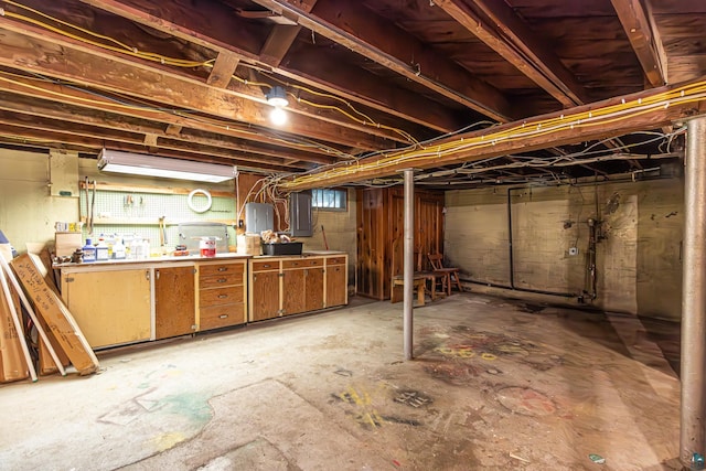 basement featuring a workshop area and electric panel