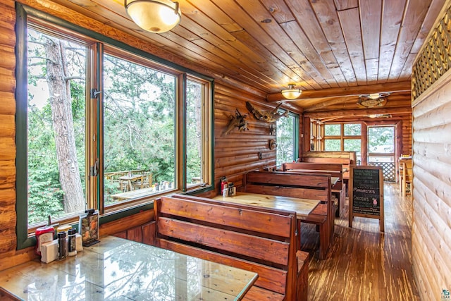 interior space with wooden ceiling, hardwood / wood-style floors, and log walls