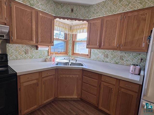 kitchen featuring dark hardwood / wood-style floors, black range with electric stovetop, sink, exhaust hood, and refrigerator