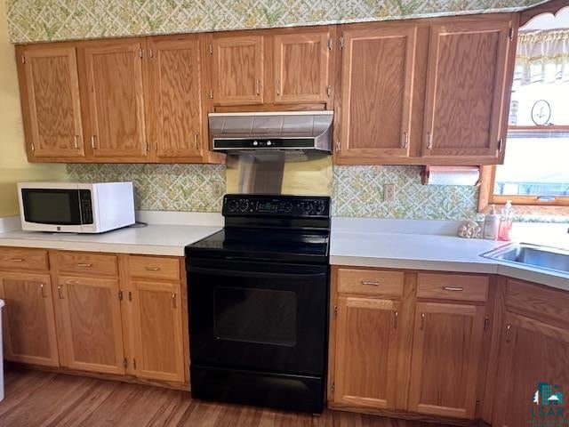 kitchen with backsplash, light hardwood / wood-style floors, sink, and black range with electric stovetop