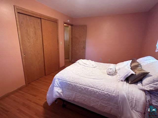 bedroom with a closet and hardwood / wood-style flooring