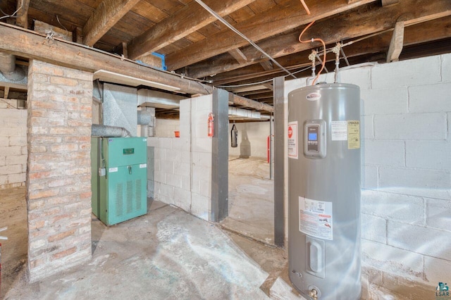 basement with heating unit and electric water heater