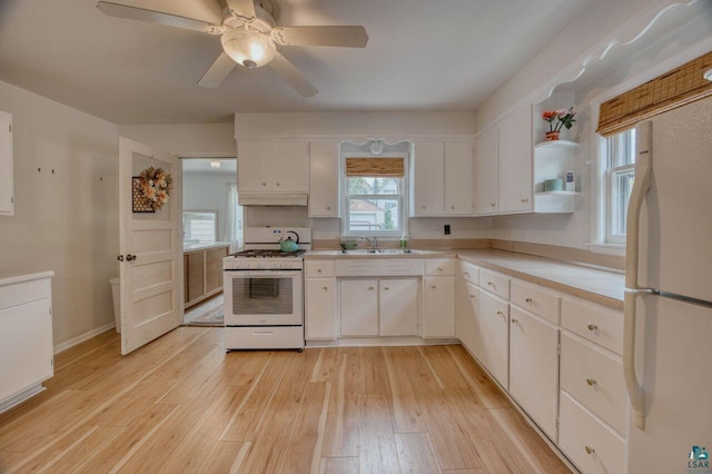 kitchen with white appliances, light hardwood / wood-style floors, and white cabinetry