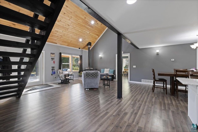 living room with high vaulted ceiling, a chandelier, wooden ceiling, and dark hardwood / wood-style flooring