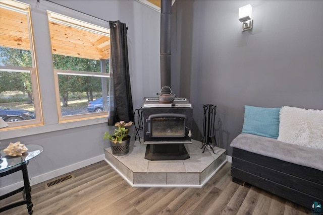 details featuring hardwood / wood-style floors and a wood stove