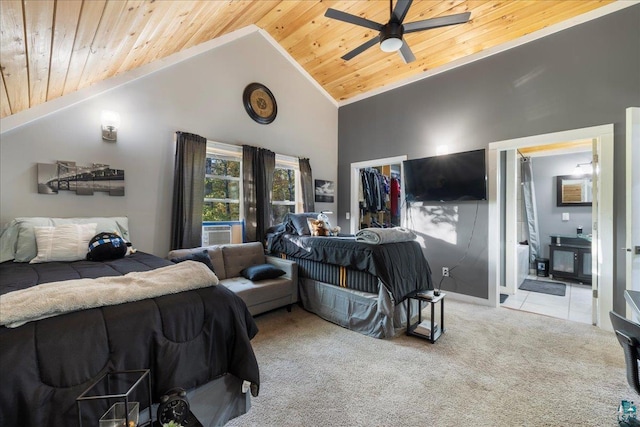 bedroom with wooden ceiling, light carpet, ceiling fan, and high vaulted ceiling