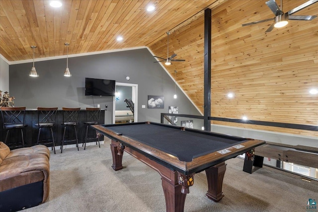 recreation room featuring wood ceiling, pool table, high vaulted ceiling, light carpet, and ceiling fan