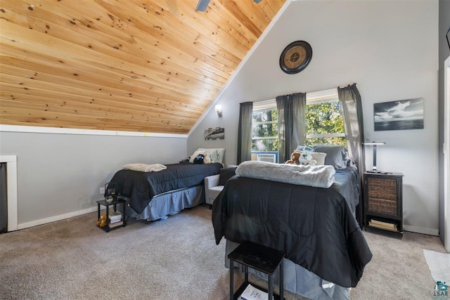 bedroom with light colored carpet, wood ceiling, and lofted ceiling