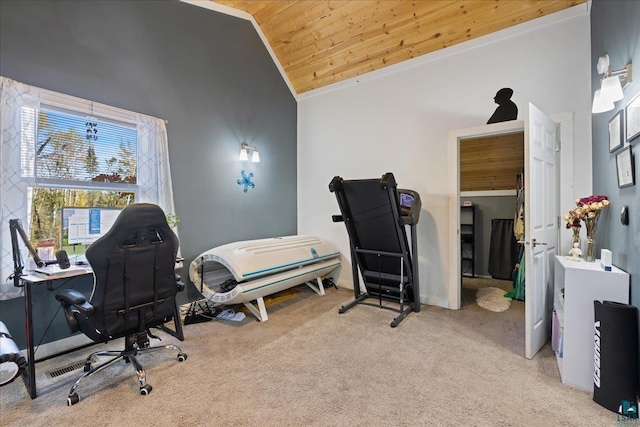 office space with wooden ceiling, light carpet, and high vaulted ceiling