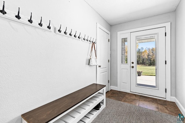 mudroom with dark tile patterned floors and a healthy amount of sunlight