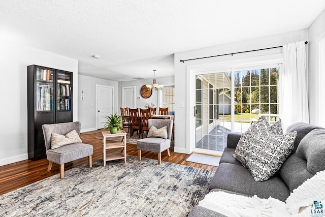 living room with a textured ceiling and hardwood / wood-style flooring