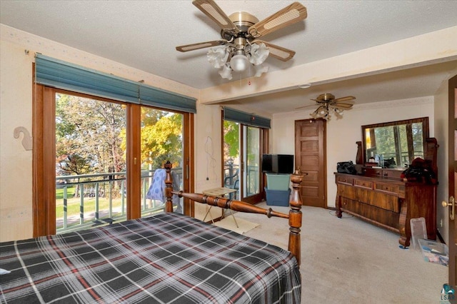 bedroom with access to exterior, multiple windows, carpet floors, and ceiling fan