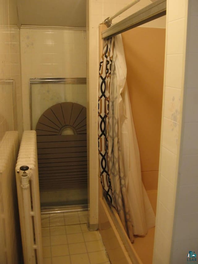 21 White St, Ely, MN 55731 - full bath featuring tile patterned flooring, a shower with curtain, and tile walls