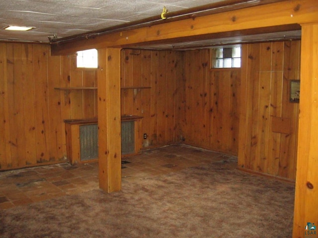 basement with wooden walls and dark colored carpet