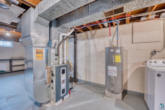 utility room featuring washer / clothes dryer, heating unit, and electric water heater