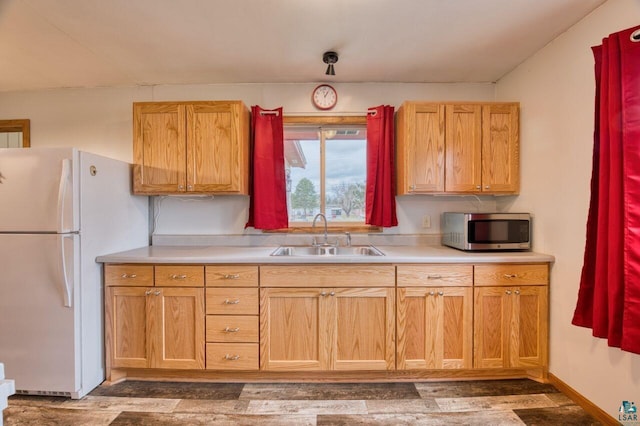 kitchen featuring dark wood-type flooring, sink, and white refrigerator