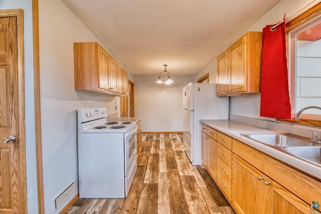 kitchen with hardwood / wood-style floors, an inviting chandelier, white electric range, decorative light fixtures, and sink