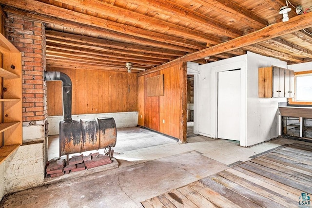 basement with a wood stove