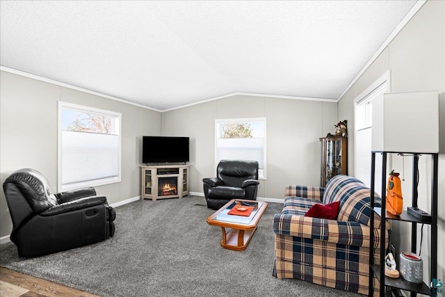 living room featuring crown molding, a textured ceiling, vaulted ceiling, and a fireplace