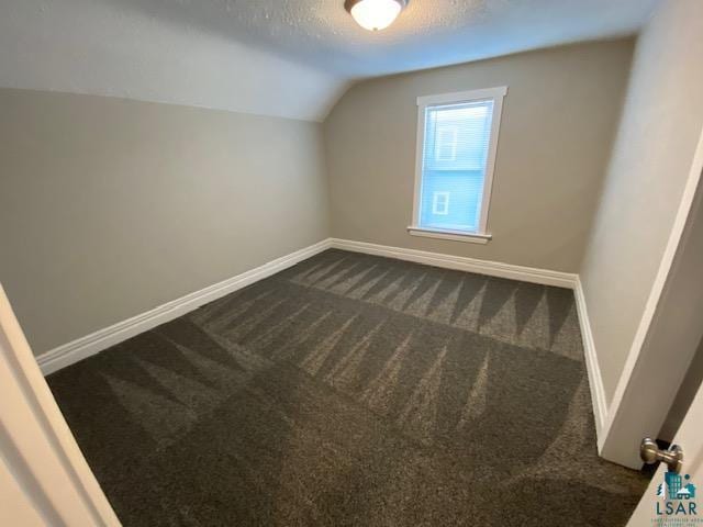 additional living space with lofted ceiling, carpet floors, and a textured ceiling