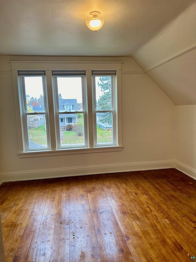 bonus room with lofted ceiling, a textured ceiling, and wood-type flooring