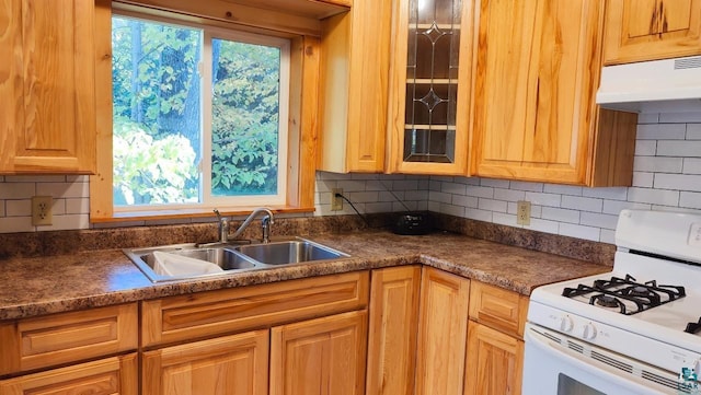 kitchen with white range with gas cooktop, a healthy amount of sunlight, sink, and backsplash