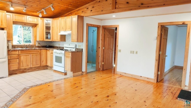 kitchen featuring vaulted ceiling, light wood-type flooring, white appliances, and wooden ceiling