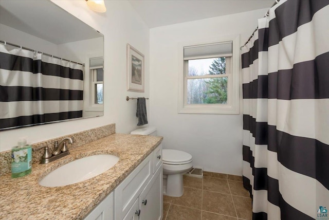 bathroom featuring walk in shower, tile patterned flooring, vanity, and toilet