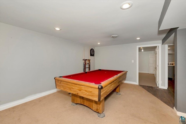 rec room featuring carpet flooring and billiards