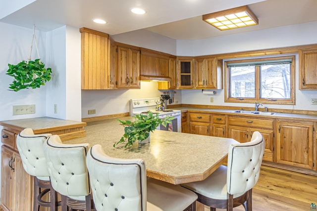 kitchen with sink, kitchen peninsula, white range with electric stovetop, a kitchen breakfast bar, and light hardwood / wood-style flooring