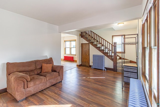 living room featuring hardwood / wood-style floors and radiator